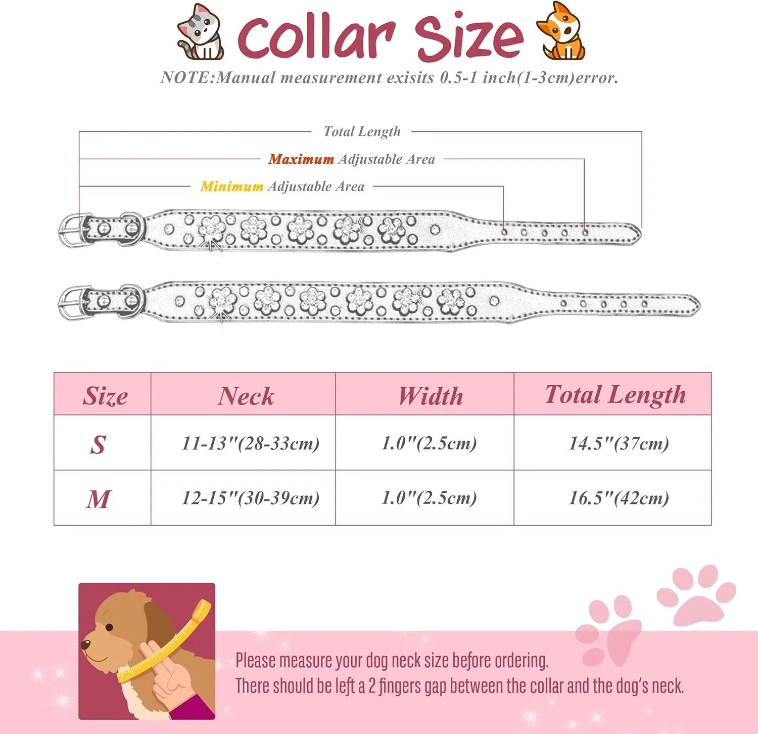 A black PU leather dog collar with glittering rhinestone flower studs and a metal D-ring.