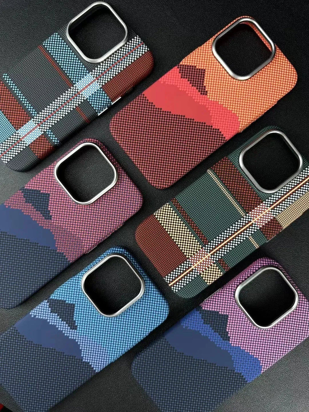 Magnetic luminous plaid iPhone case with PC metal frame, hard shell back cover, and colour matching embossed water sticker finish