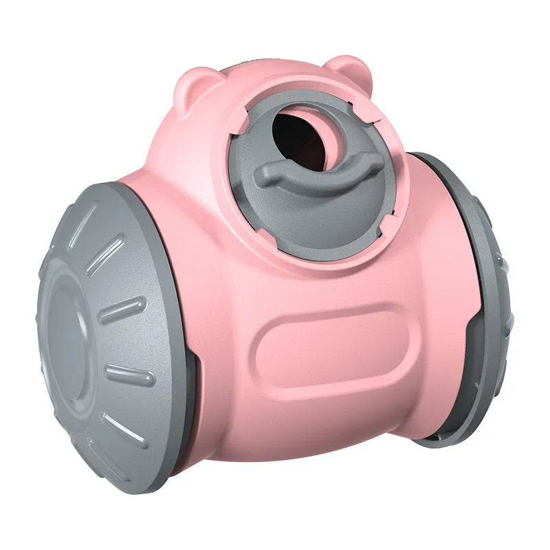 Plastic pet toys including food leakage bear, bulb tumbler cat toy, and educational puzzles in various colours