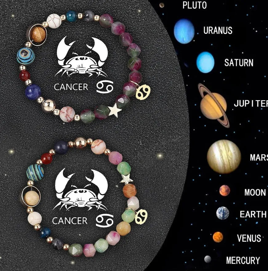 Natural stone beaded bracelets for the twelve zodiac signs, showing two bracelets in a set.