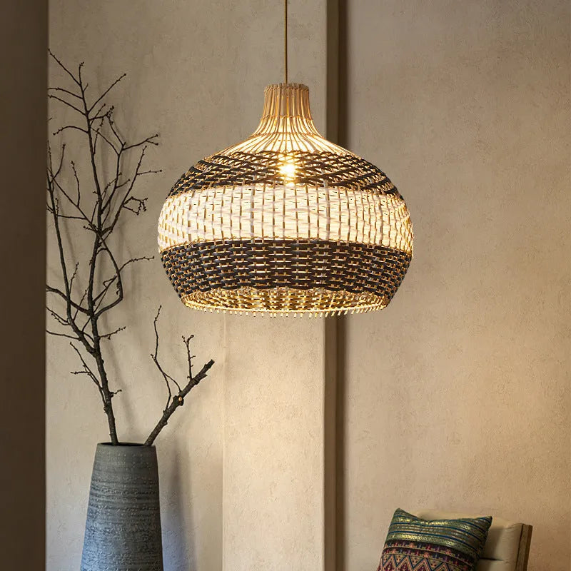 Nordic rattan chandelier with woven shade, 50cm diameter, for cafe or bar ceiling lighting.