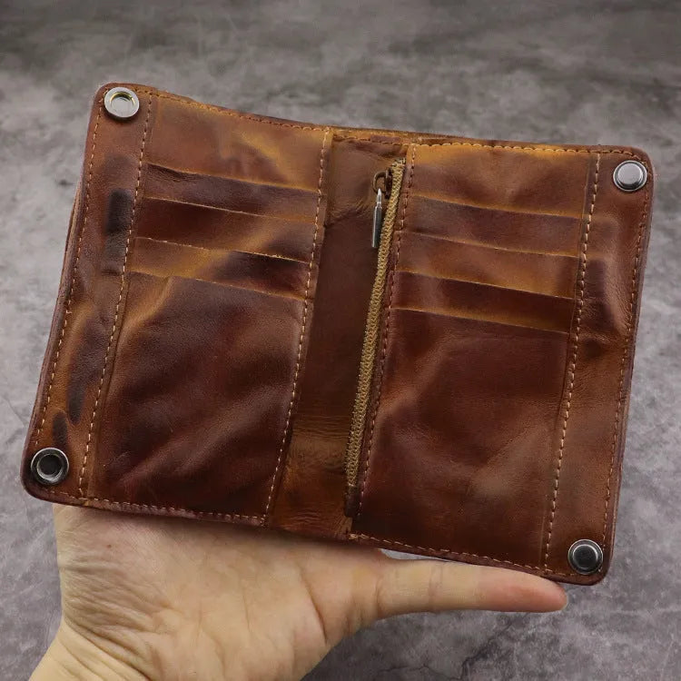 Men's genuine leather vertical long wallet with multiple card slots and coin pocket