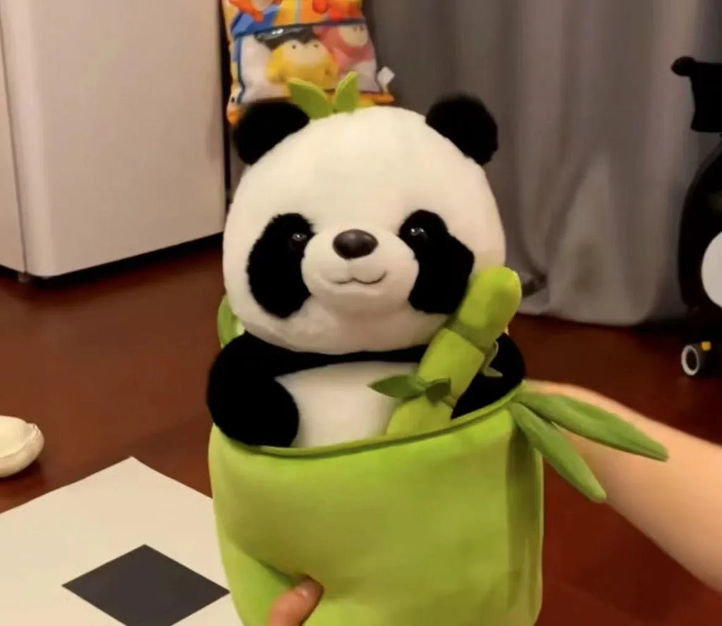 Simulated bamboo tube panda plush doll with PP cotton filling in 25cm height