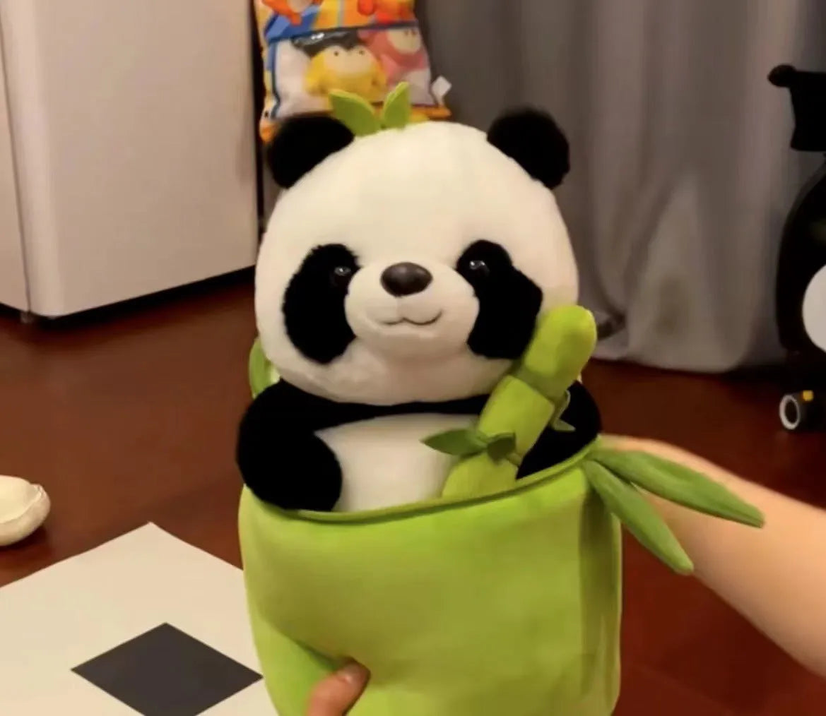 Simulated bamboo tube panda plush doll with PP cotton filling in 25cm height