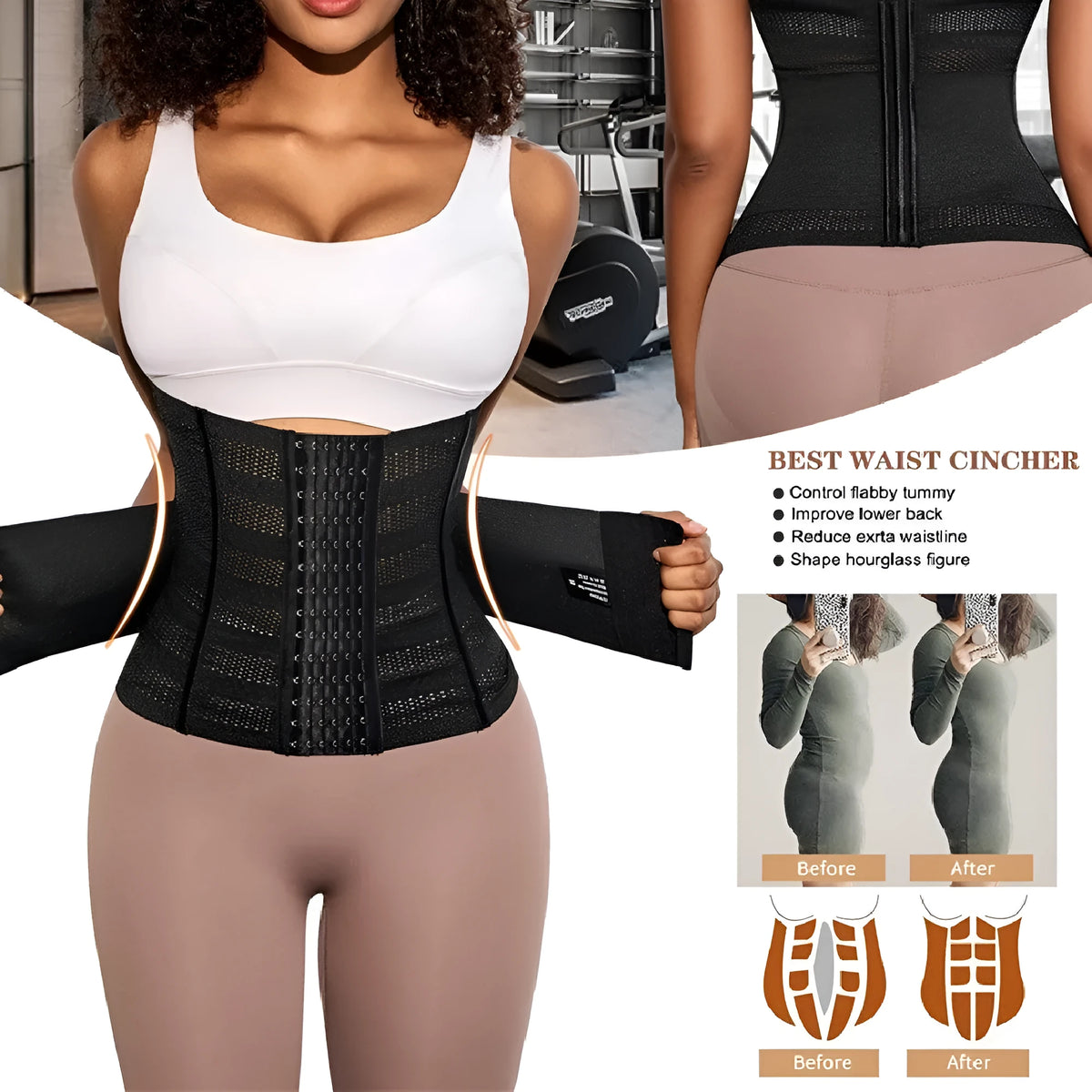 Nylon belly band with double-layer reinforcement and drawstring, available in 23cm or 27cm width, black or apricot.