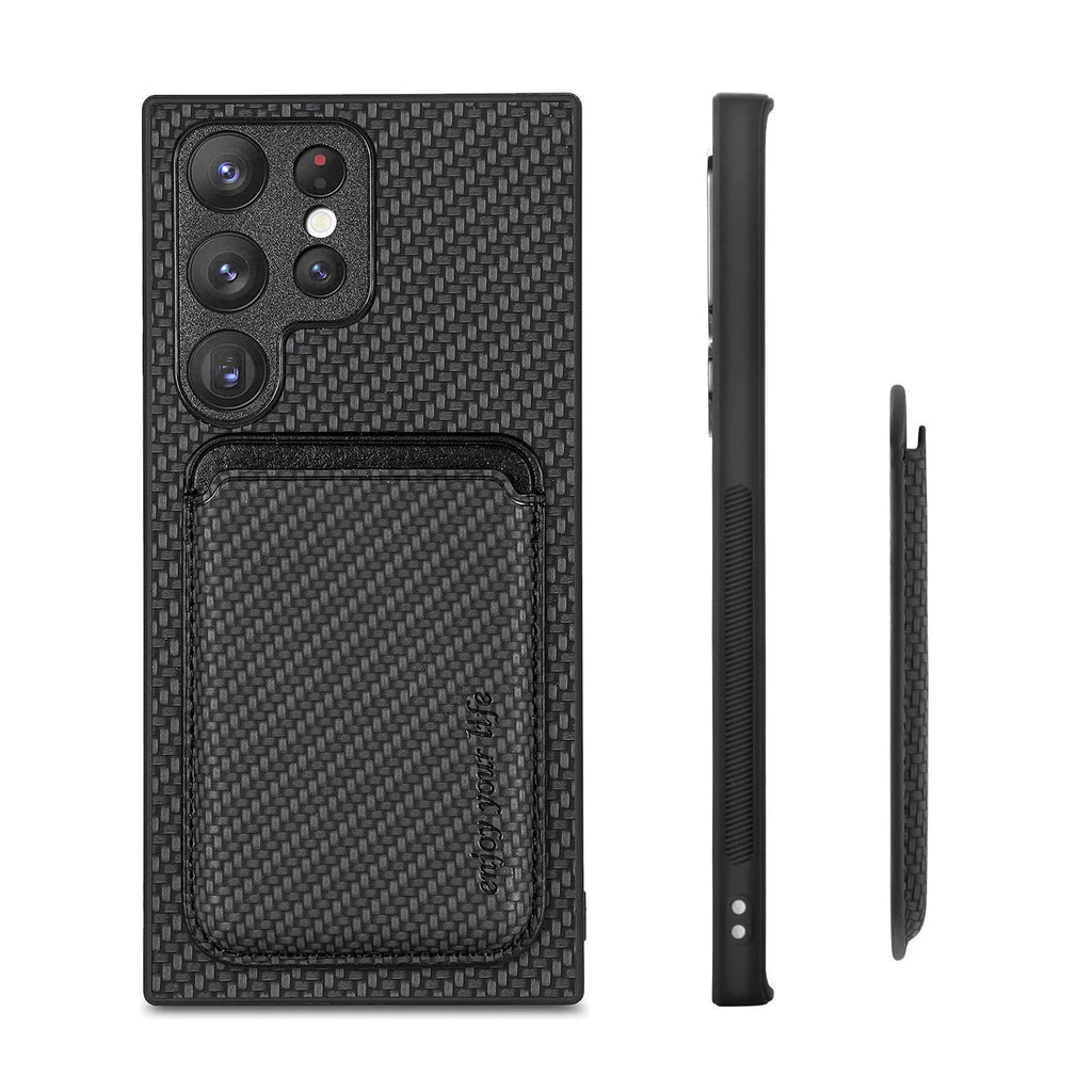 Leather phone case with built-in suction Magsafe card holder for Samsung, available in black, green, and brown.