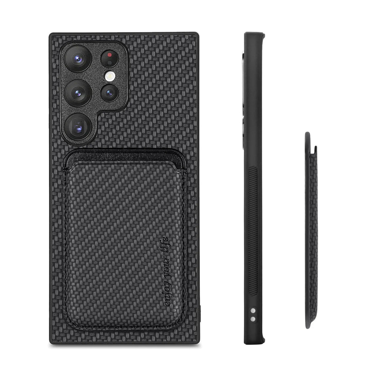 Leather phone case with built-in suction Magsafe card holder for Samsung, available in black, green, and brown.