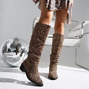 Brown leopard print women's ankle boots with square toe and chunky mid-height heel