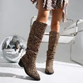 Brown leopard print women's ankle boots with square toe and chunky mid-height heel