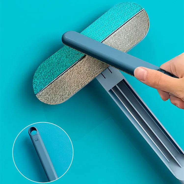Multifunctional 4-in-1 screen cleaner and pet hair remover brush with flannel head and extension handle.
