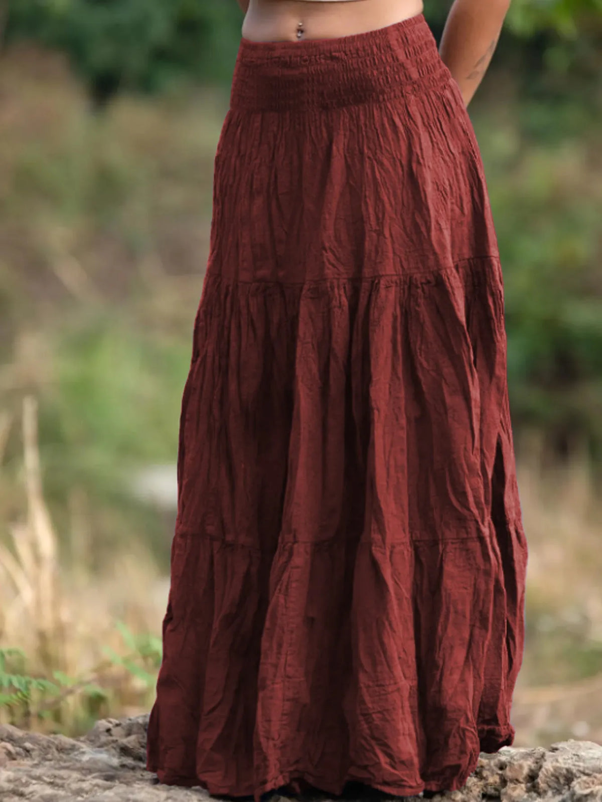 Women's mid-length waist smocking retro viscose patchwork skirt with folding detail
