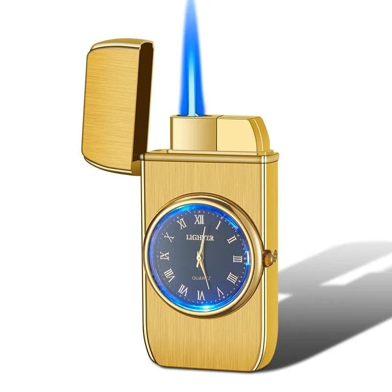 Electronic gas cigarette lighter with LED watch display in metallic finishes