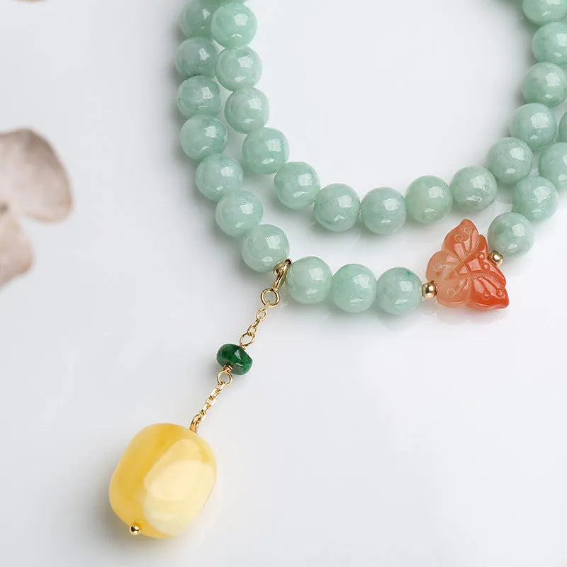 Double-layer women's bracelet with jade round beads and beeswax barrel beads in geometric retro design