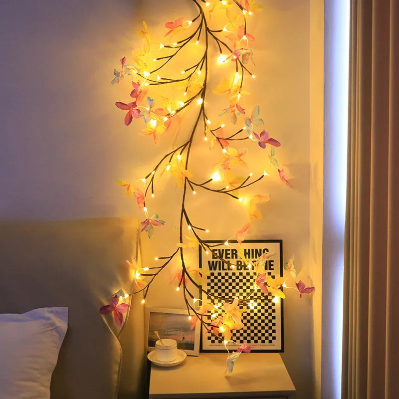 Flexible LED butterfly tree lamp with colourful ornaments on 1.8 metre rattan vines