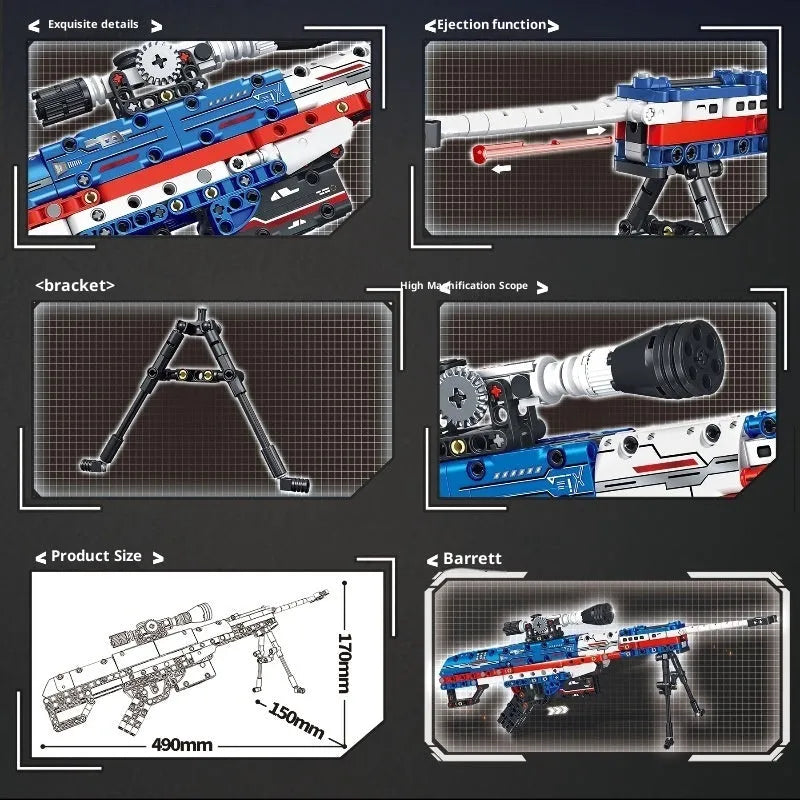 Patriotic Barrett sniper rifle building block toy set with red and gold small particle plastic bricks and rubber parts