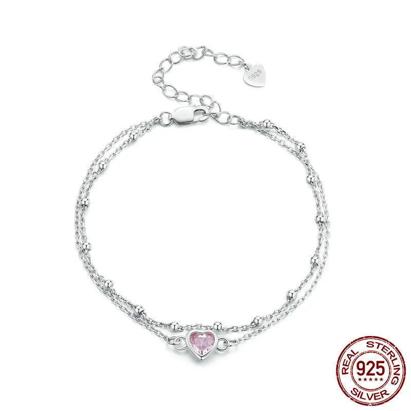 Sweet girlish 925 sterling silver bracelet with heart pendant and adjustable chain