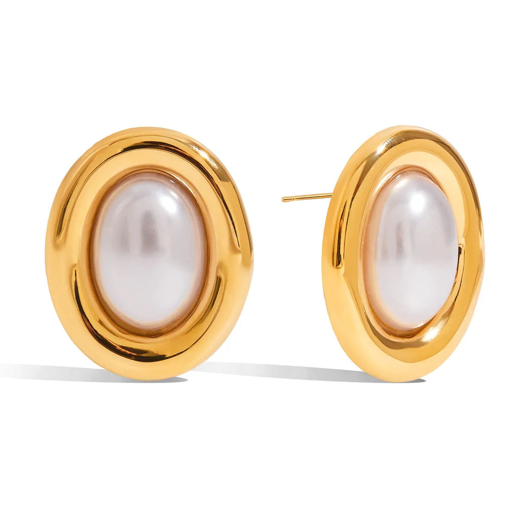 Stainless steel vintage pearl ear studs for women with silver tone finish and electroplated surface