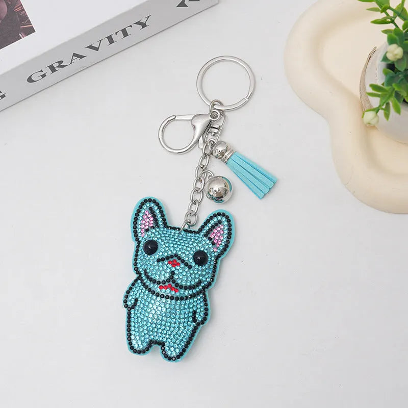 French Dog cartoon animal rhinestone keychain in electroplated colours, 5-7cm bag tassel pendant