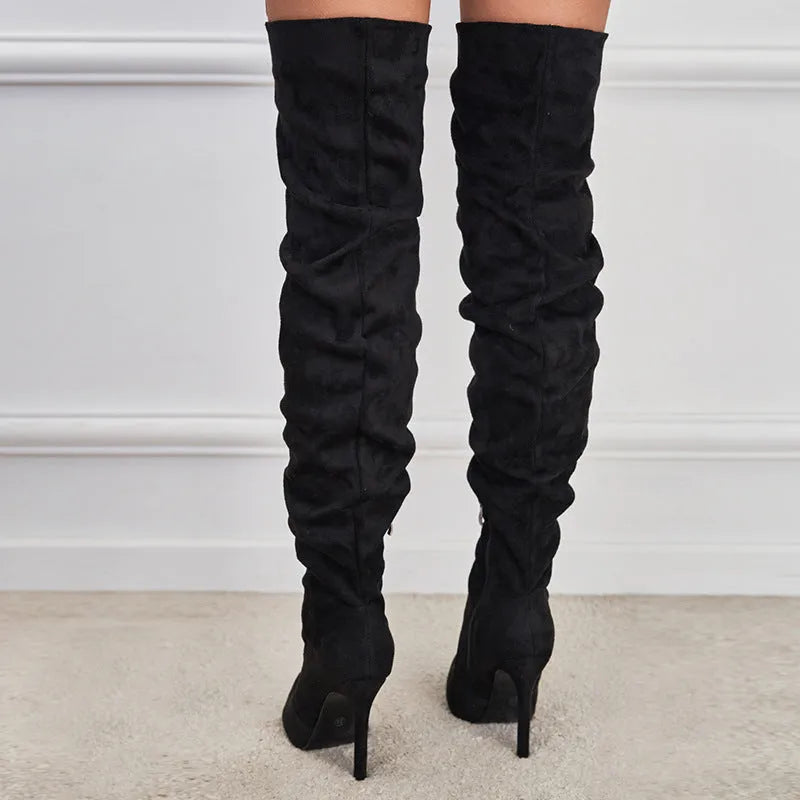 Women's pointed toe suede stiletto heel boots with side zipper, available in black, sizes 35-42