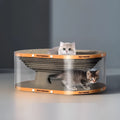 Transparent PVC tunnel attached to a white corrugated cardboard scratch board for cats