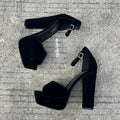 Black women's 13cm chunky heel platform sandals with suede upper and ankle-strap buckle
