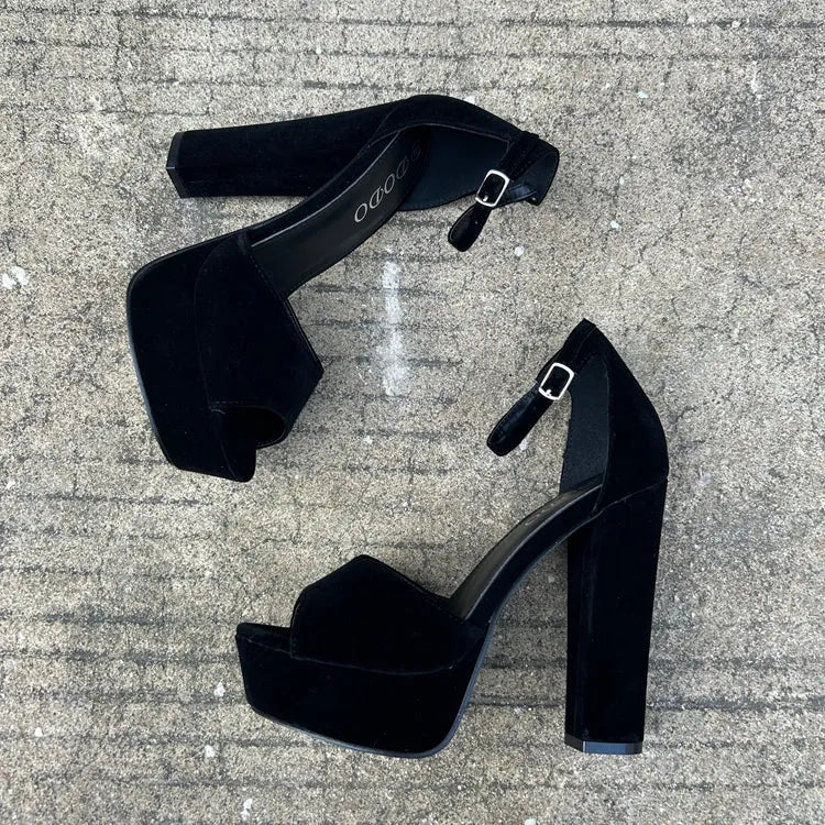 Black women's 13cm chunky heel platform sandals with suede upper and ankle-strap buckle