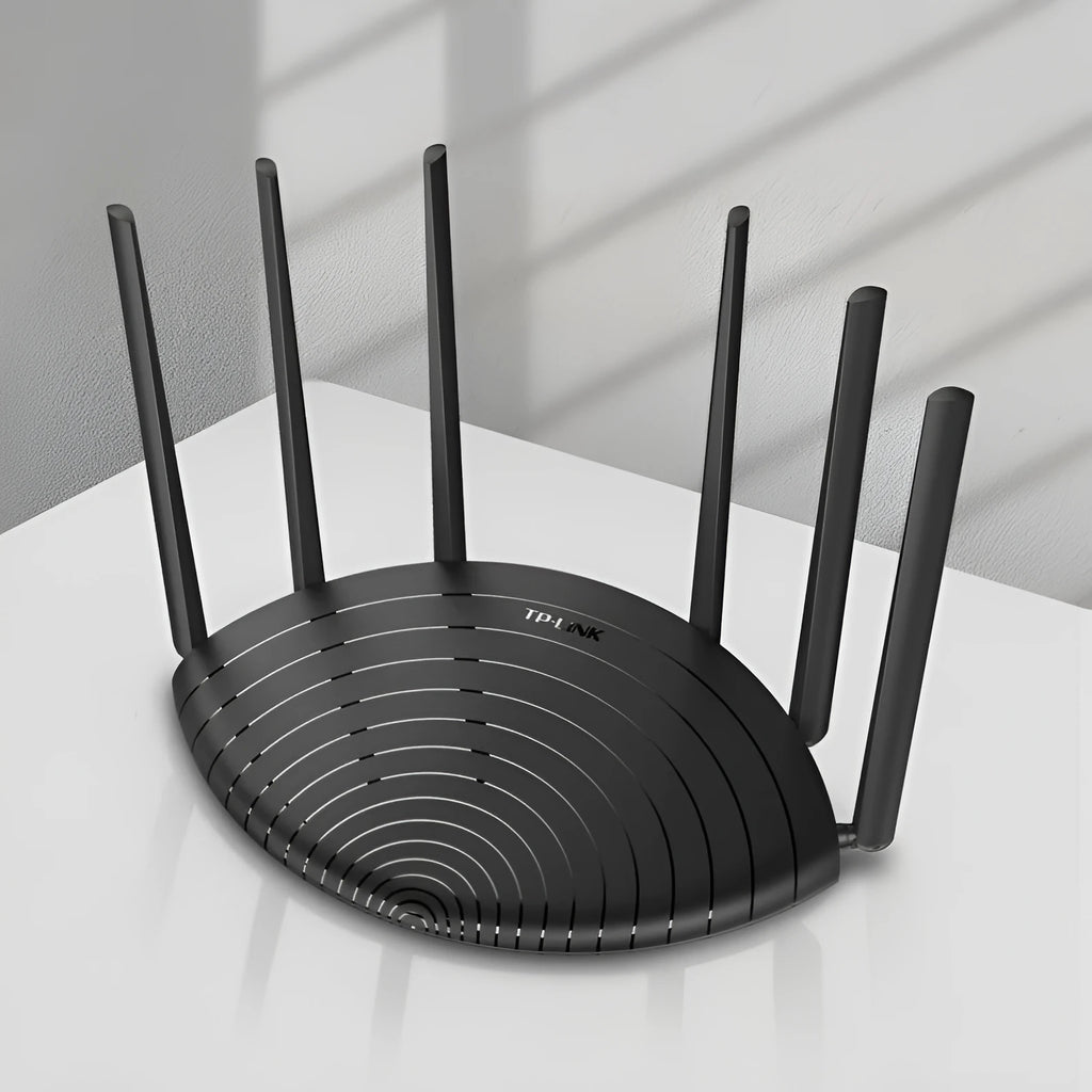 TP-Link TL-WDR7661 AC1900 gigabit wireless router in Gigabit Standard Edition colour on a desk.