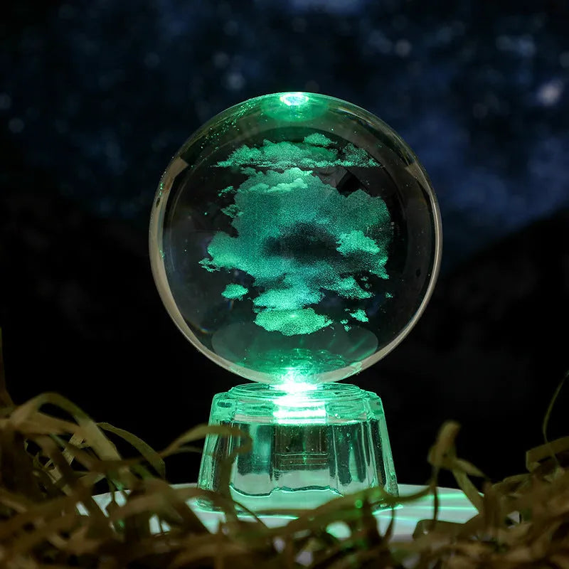Transparent 6cm crystal ball ornament with inner carving on a fixed base, modern minimalist decor.