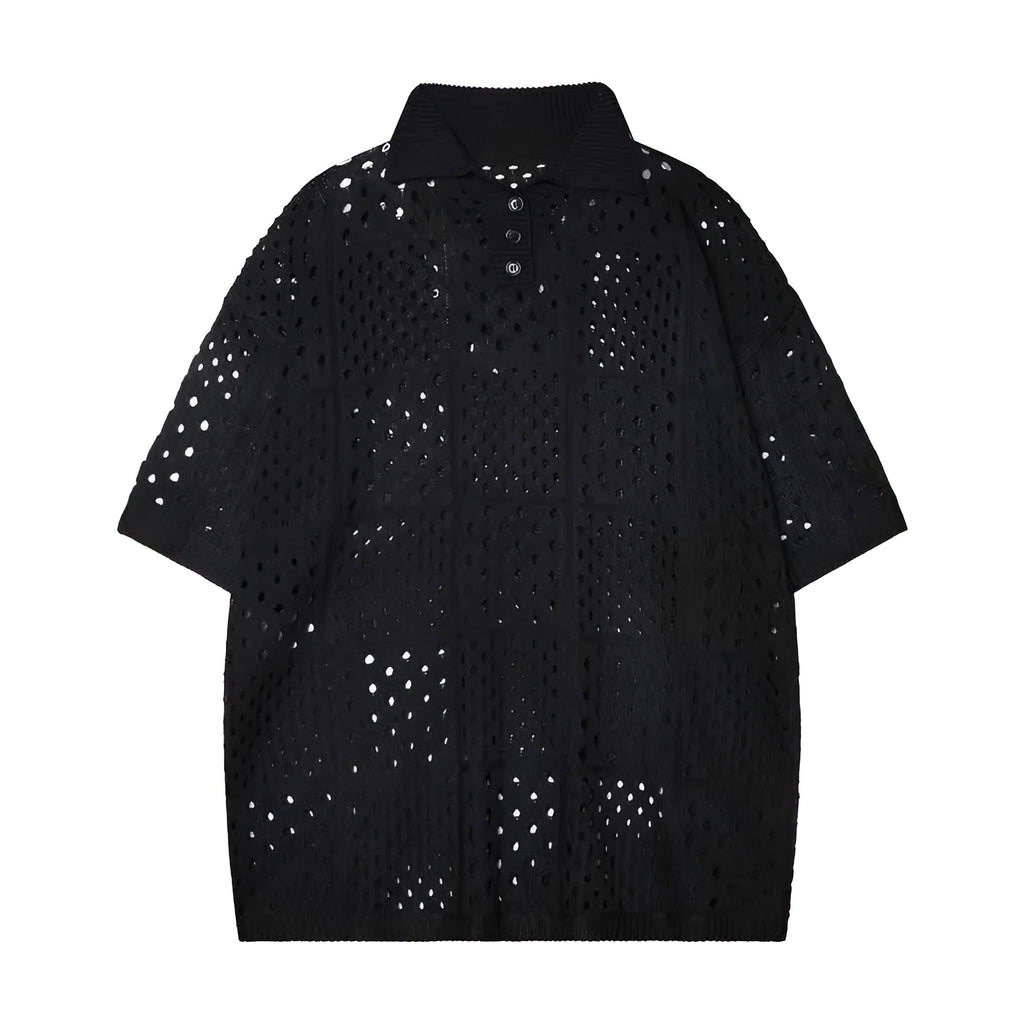 Black and white short-sleeved hollow knit polo shirt with a loose fit for teenagers