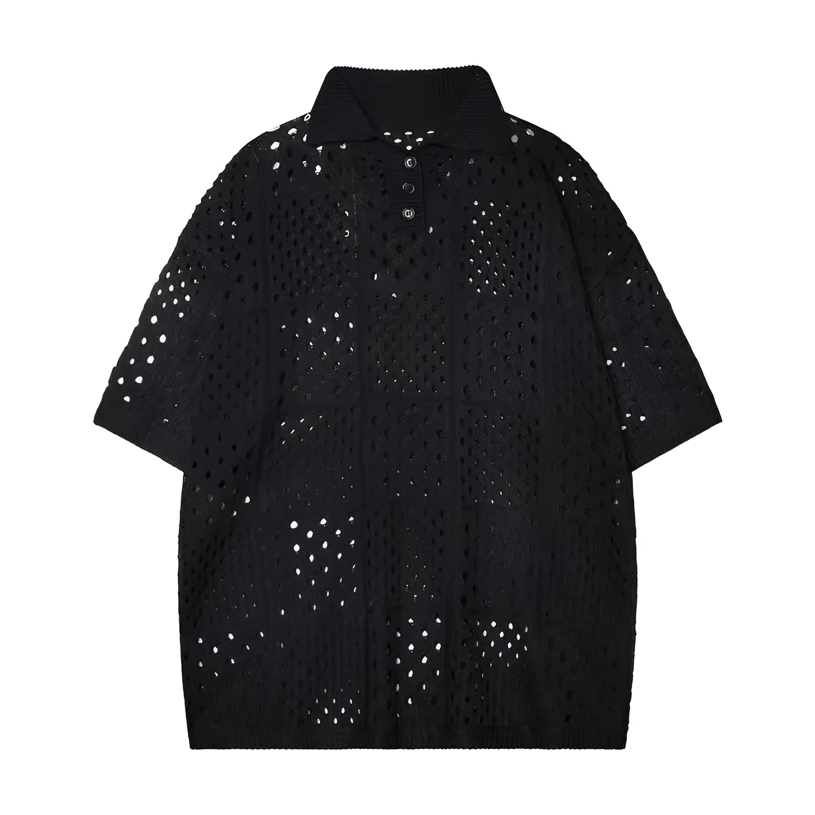 Black and white short-sleeved hollow knit polo shirt with a loose fit for teenagers