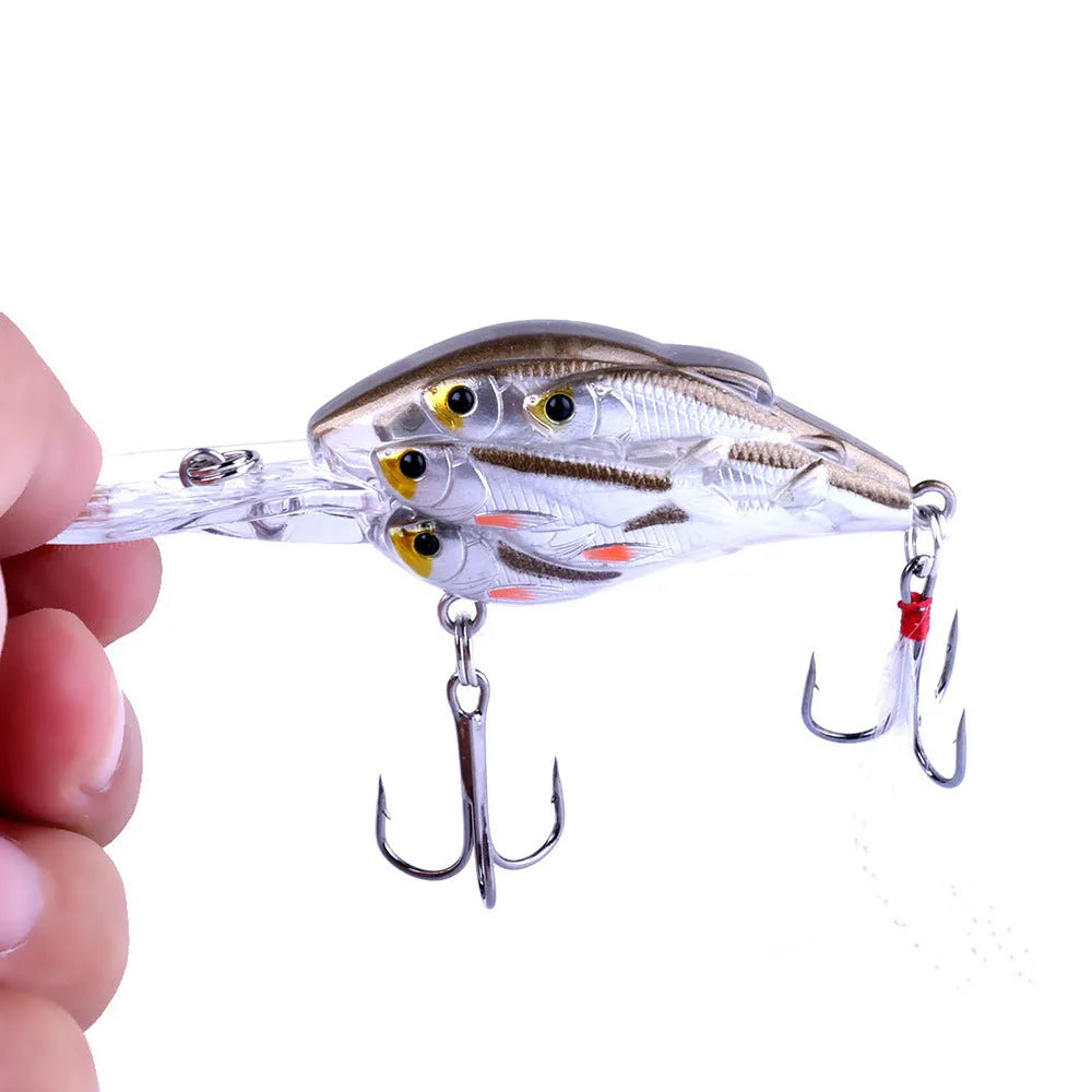 Floating hard bait fish lure with feather hook, 7.5cm length, nine colour variations for sea fishing