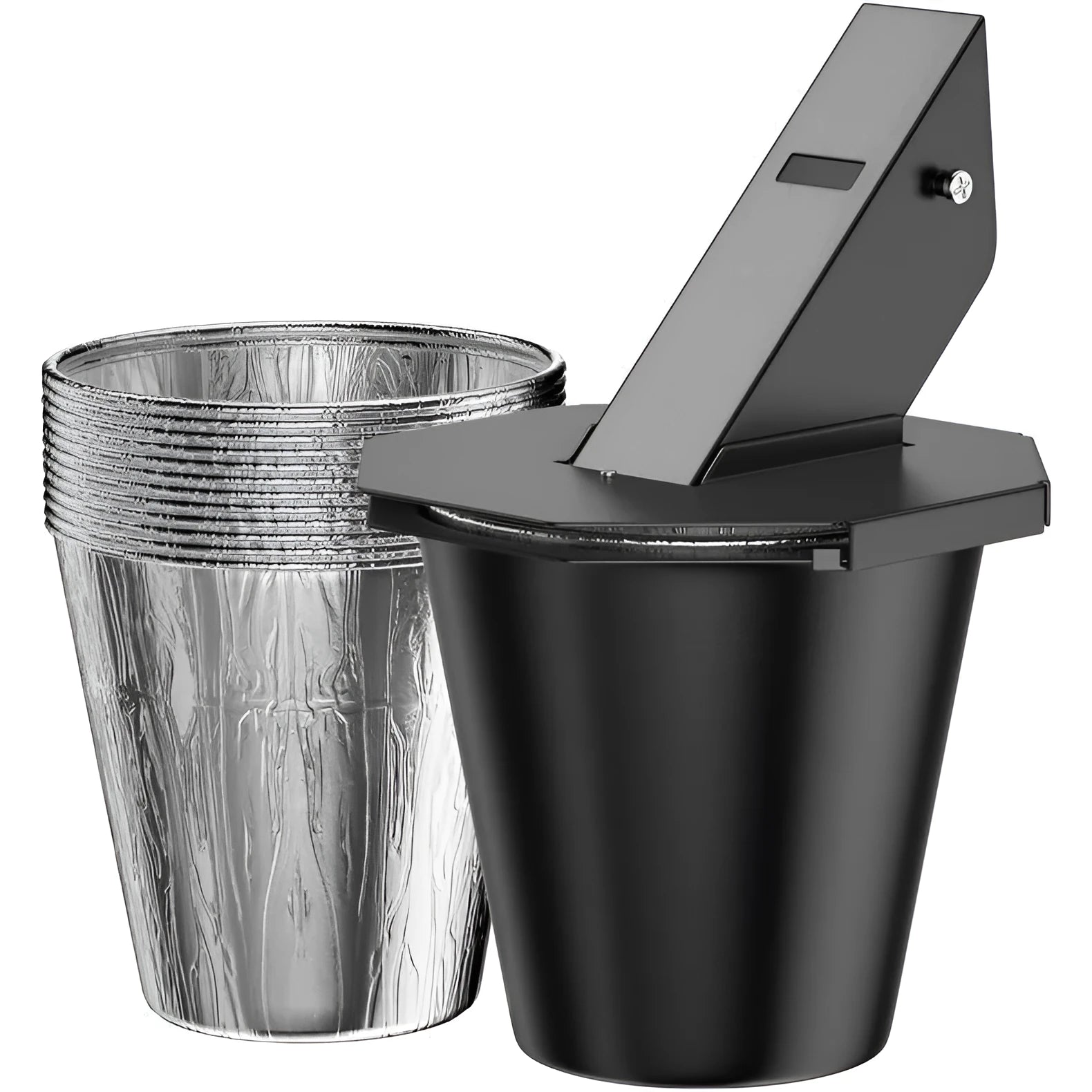 Black barbecue grease catcher with cover and tin foil drip buckets for smoking and grilling