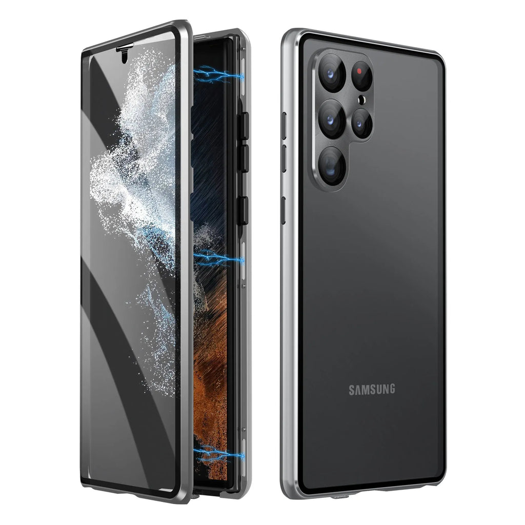 Black magnetic mirror phone case for Samsung Galaxy S24 Ultra showing peep-proof feature.