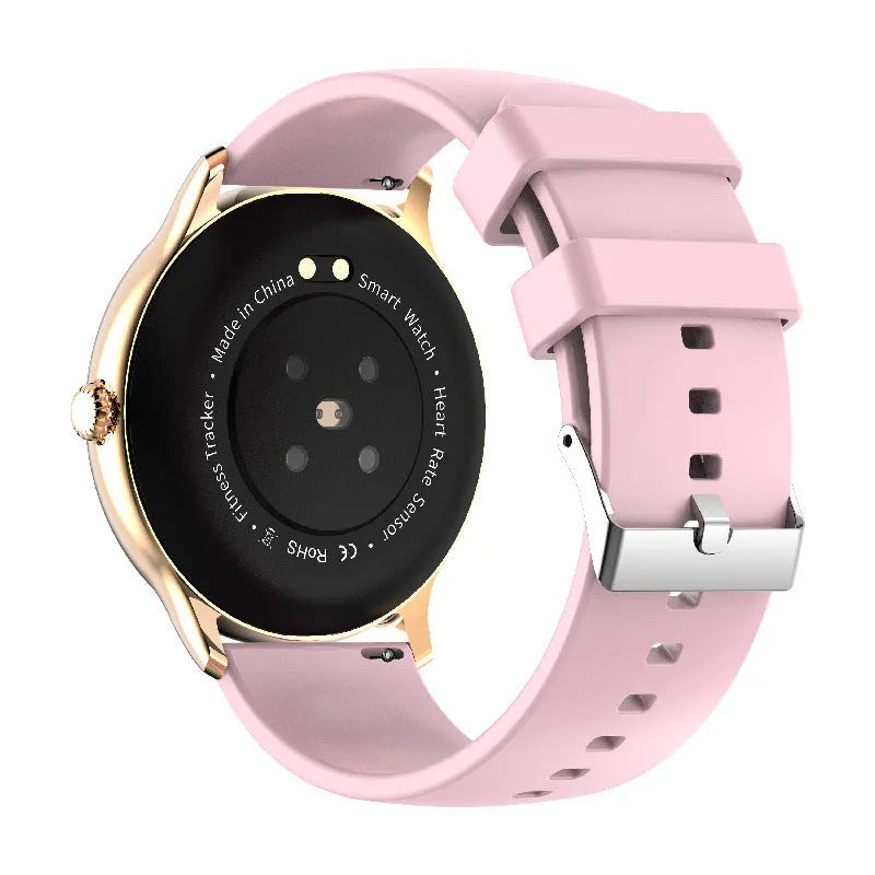 Black smartwatch with blood pressure monitoring on a silicone strap, showing a 1.28-inch touchscreen display.