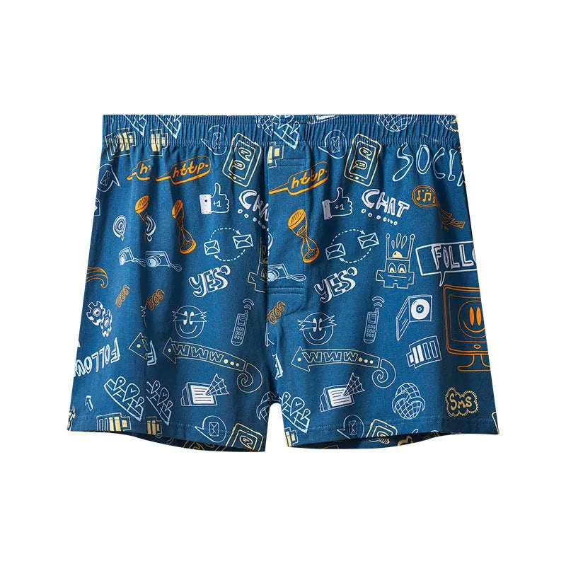 Men's cotton boxer shorts in a selection of patterns including Beast Carnival and Space Travel, showing mid-waist design.