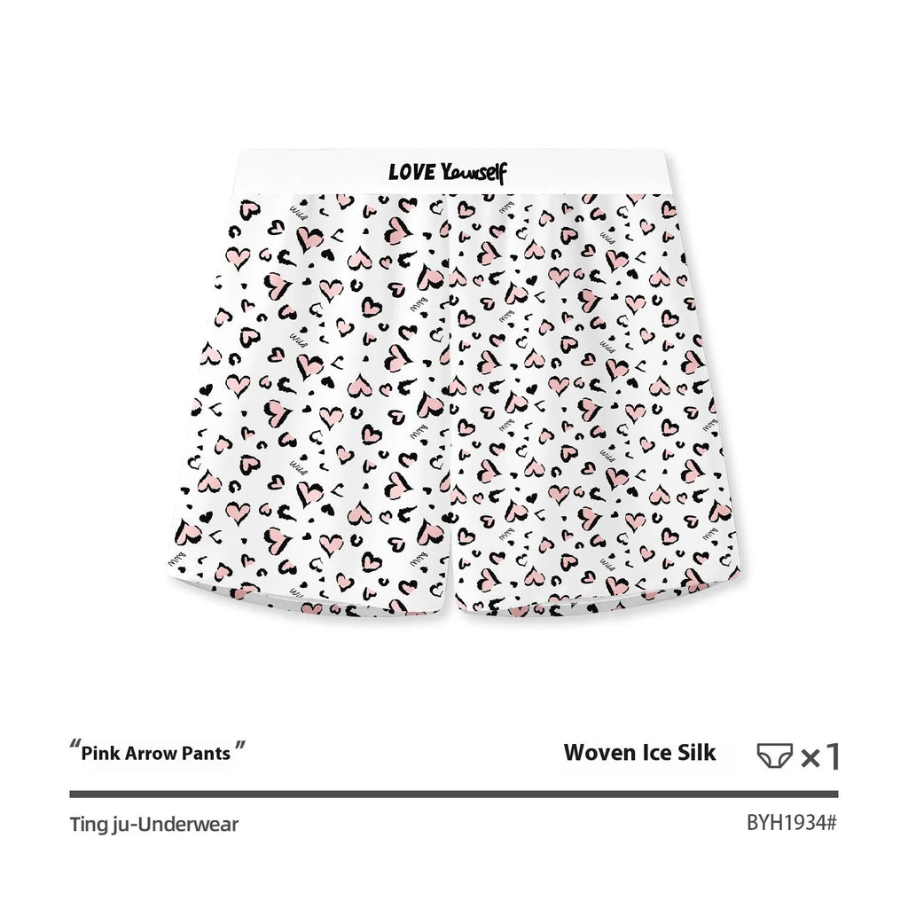 Men's leopard print woven boxer briefs in ice silk fabric showing loose casual fit