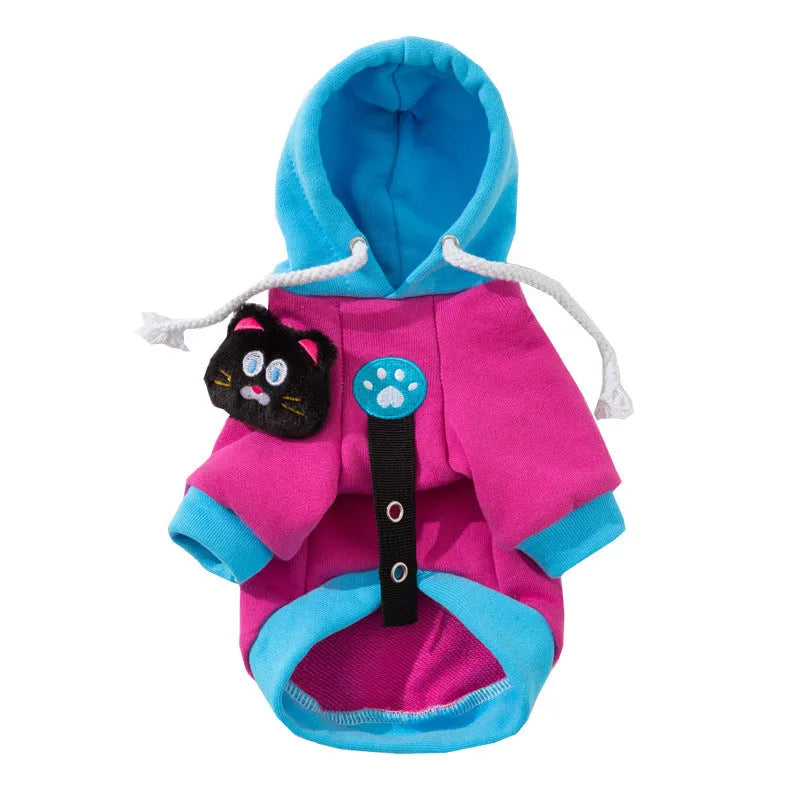Autumn winter dog hoodie in purple with colour-blocking design, drawstring hood, and cat plush necklace for small medium breeds