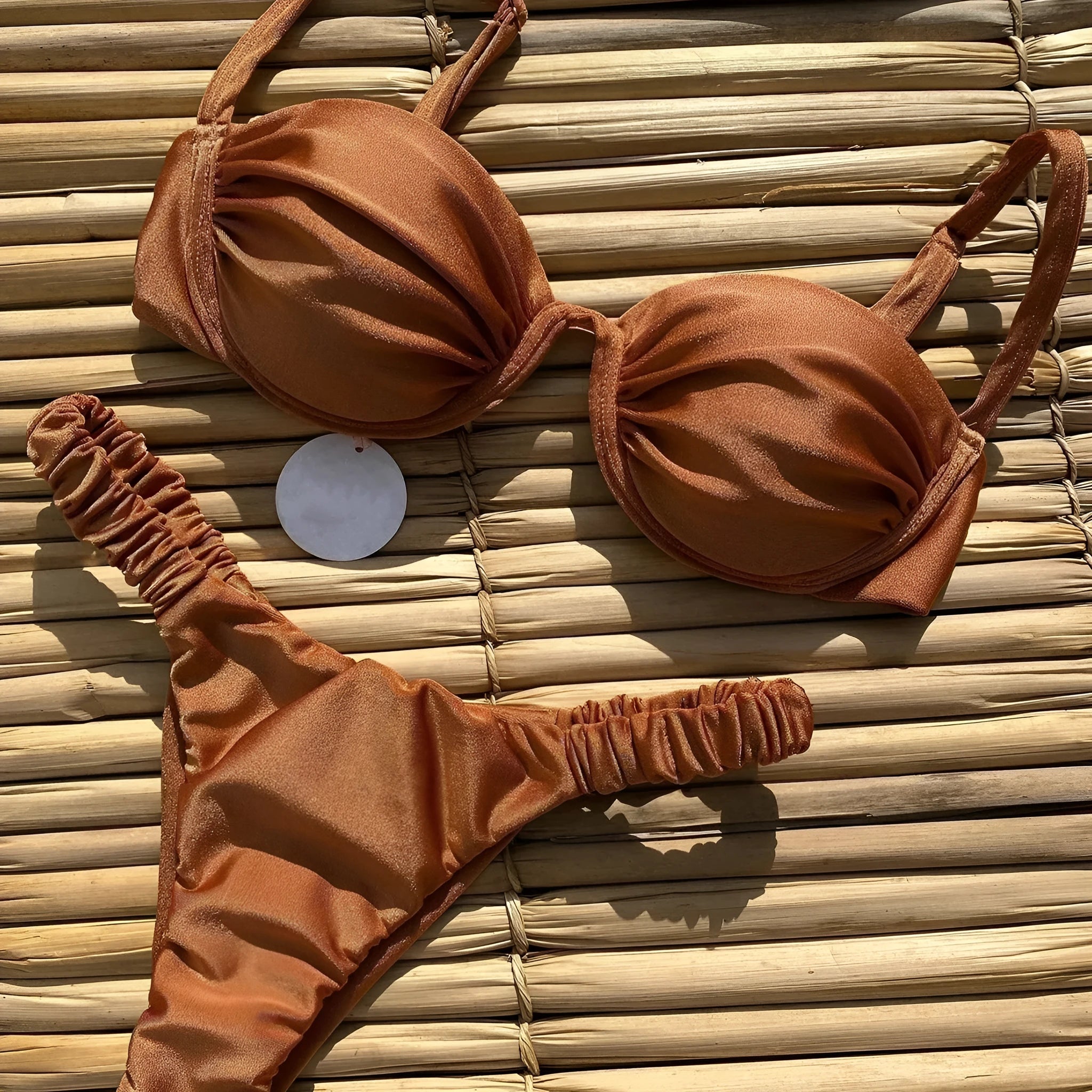 Women's underwire bikini swimsuit set in Khaki, White, or Black colours.