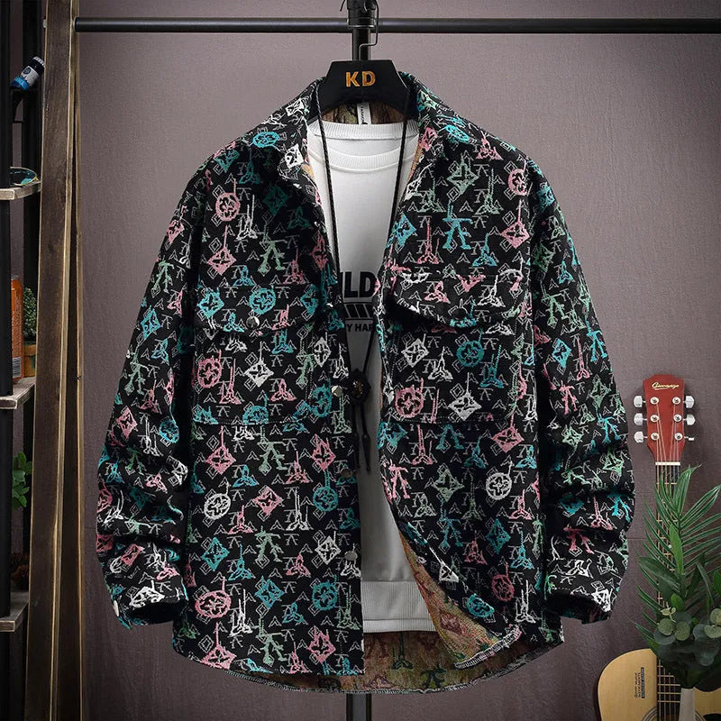 Personality casual lapel shirt coat in a colour option, shown with long sleeves and straight hem.