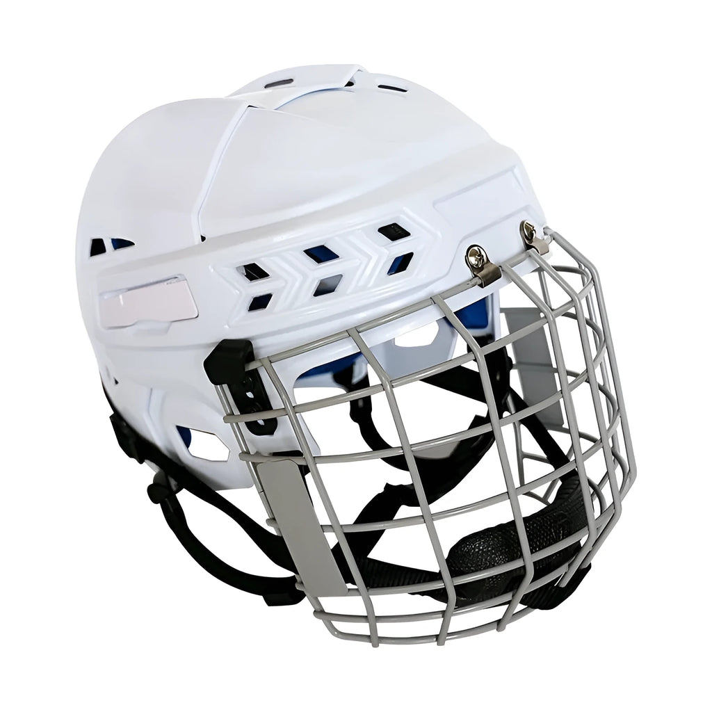 Ice hockey helmet with a carbon steel face mask, shown in a size option, displaying its PP shell and EVA lining.