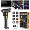 Automobile safety hammer flashlight in ABS with 1800mAh battery, red warning light, power bank, and 16 functions.