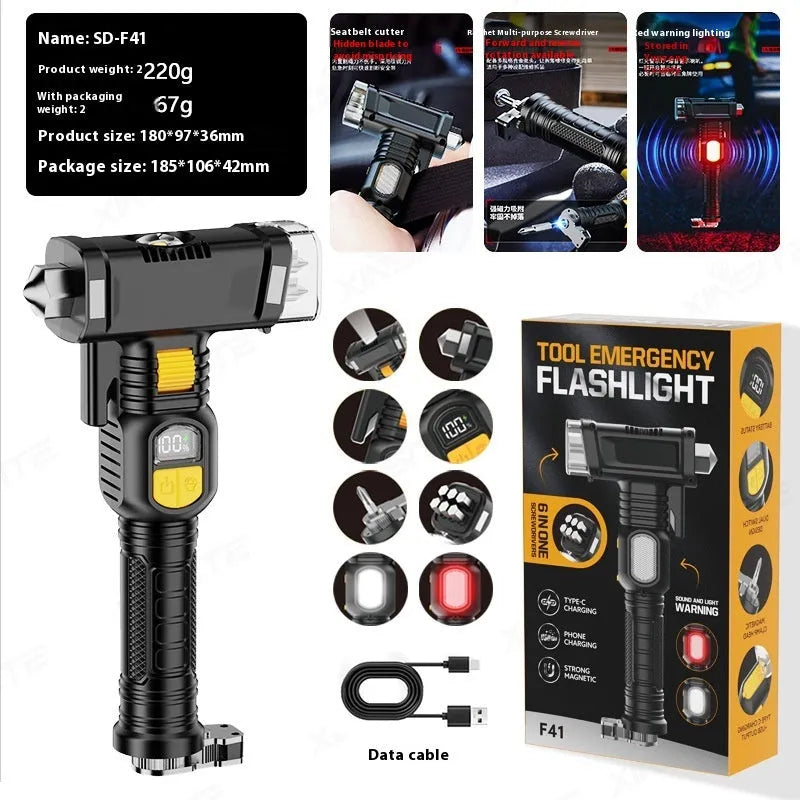Automobile safety hammer flashlight in ABS with 1800mAh battery, red warning light, power bank, and 16 functions.
