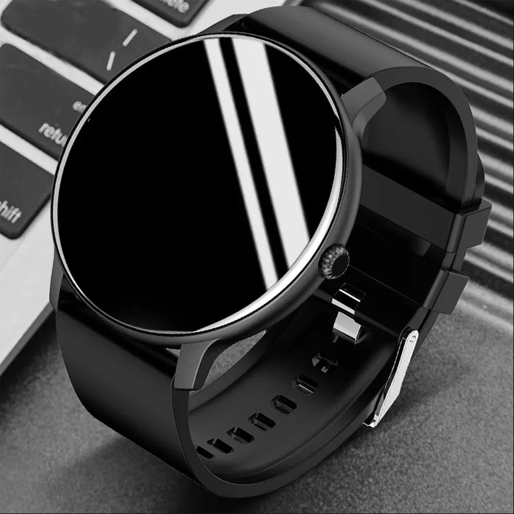 Black smartwatch with blood pressure monitoring on a silicone strap, showing a 1.28-inch touchscreen display.