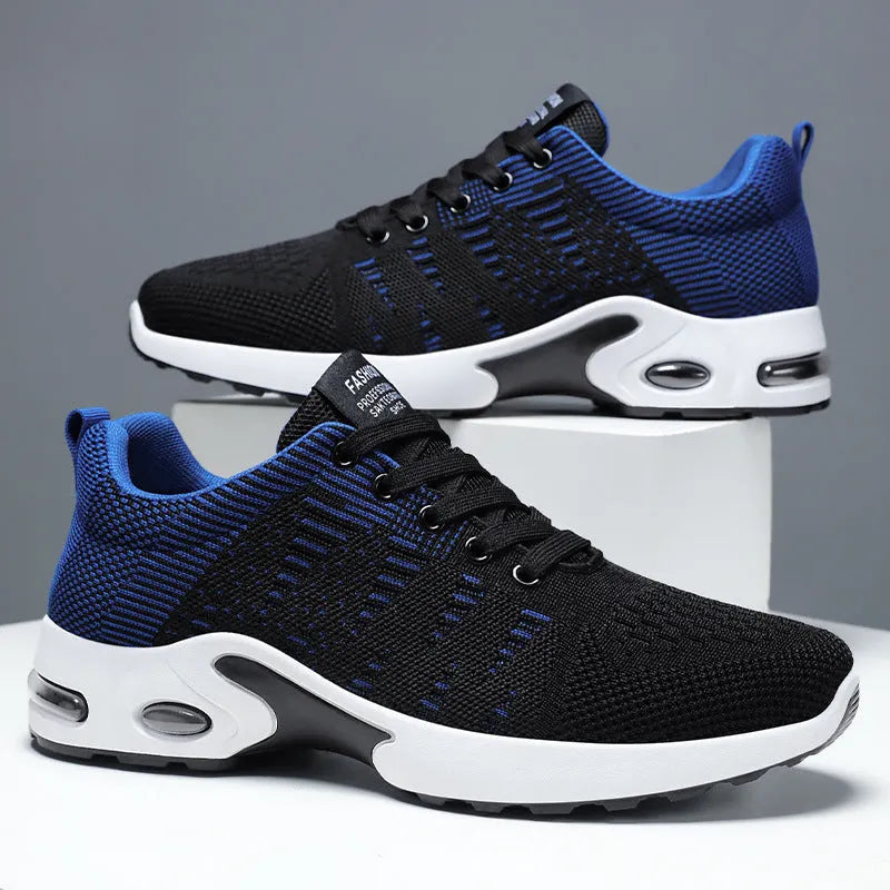 Men's black and grey Flyknit mesh sneakers with soft sole and lace-up design