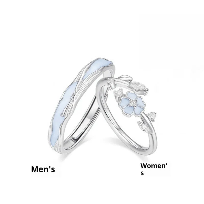 Silver sparkling camellia couple's ring with adjustable opening, floral geometric shape, electroplated finish