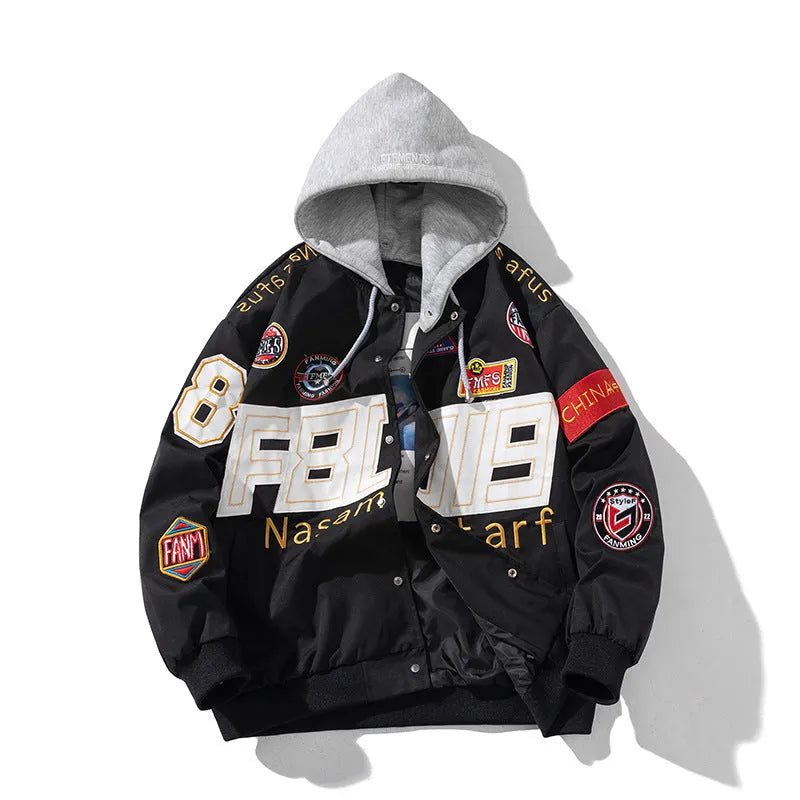 American motorcycle baseball uniform jacket with removable hood options in black red blue colours