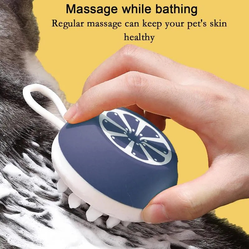 Blue dog shampoo brush with silicone bristles showing 3-in-1 bath tool design