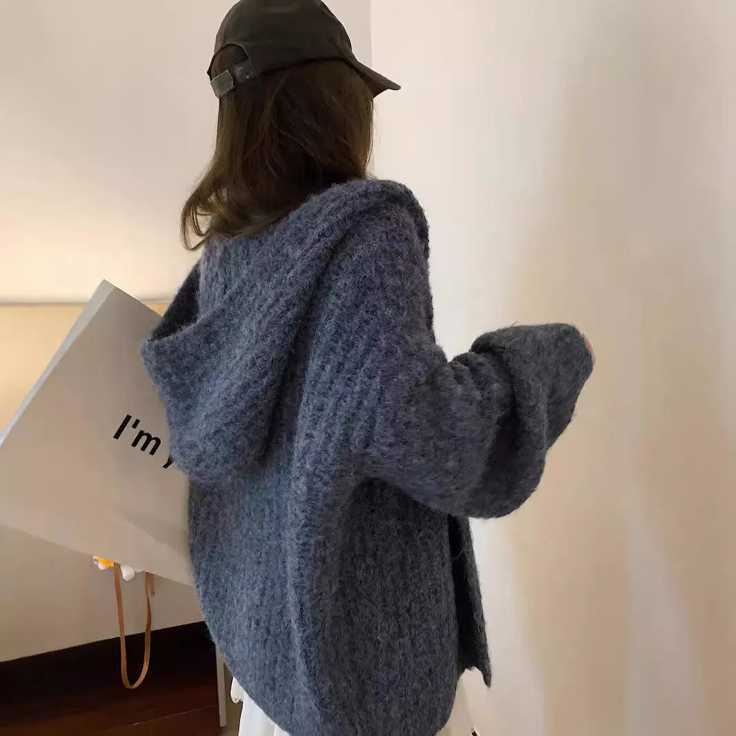 Women's dark grey retro hooded cardigan with loose fit and thick knit texture.