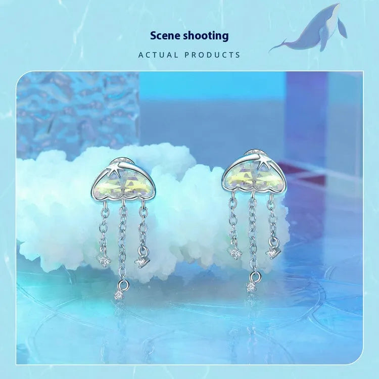 Original colourful jellyfish tassel stud earrings in 925 silver for women