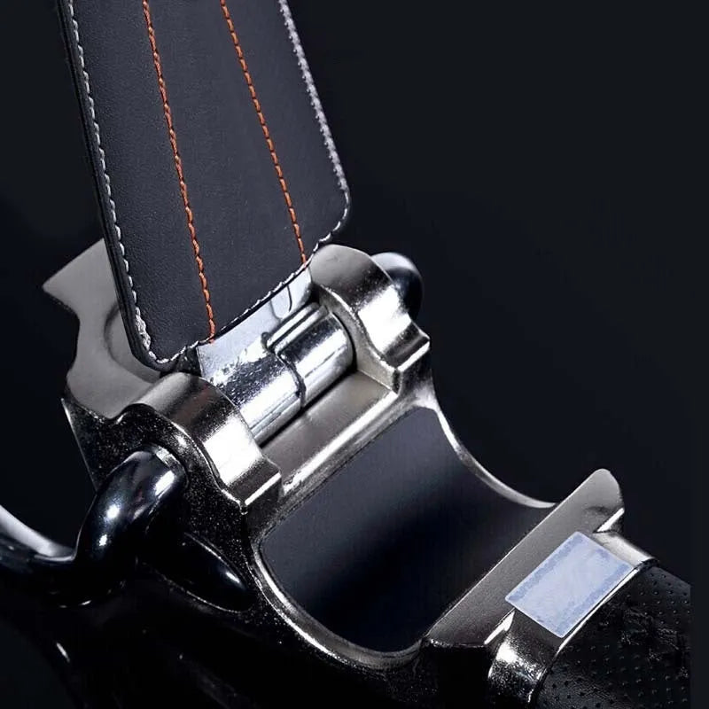 Universal car steering wheel lock in black gold, steel and aluminium alloy with copper core alarm, includes keys and wrench